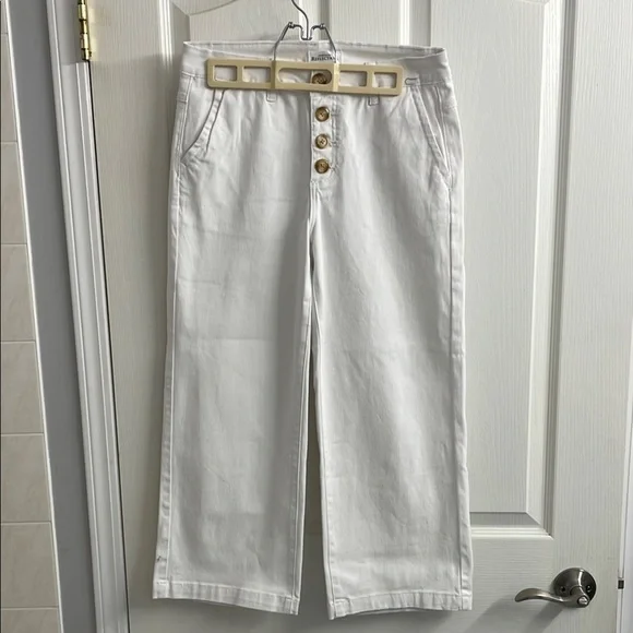 White Crop Wide Leg Ankle Pants with Tan Buttons Closure Size 4 - Picture 2 of 8
